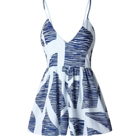 Angashion Pants - Romper Blue & White Geometric Pattern